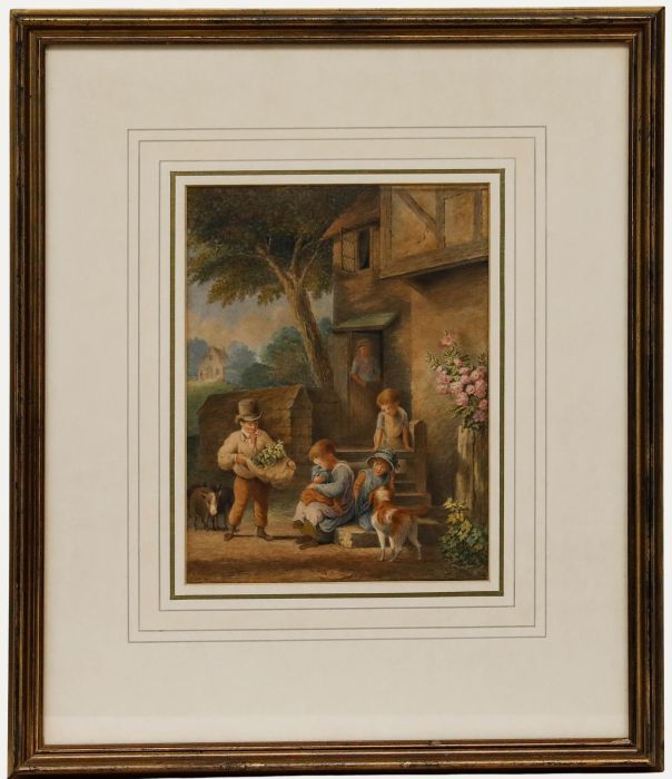19th Century Watercolour - Children Outside a Cottage