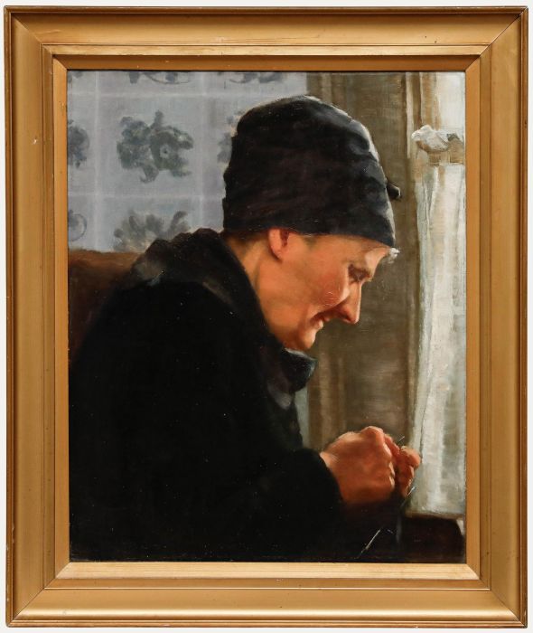 Early 20th Century Oil - Sewing at the Window