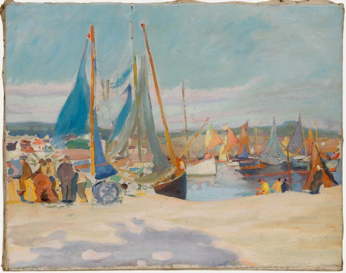 Mid 20th Century Oil - Fishermen by the Quayside