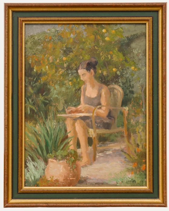Framed 20th Century Oil - Drawing in the Garden