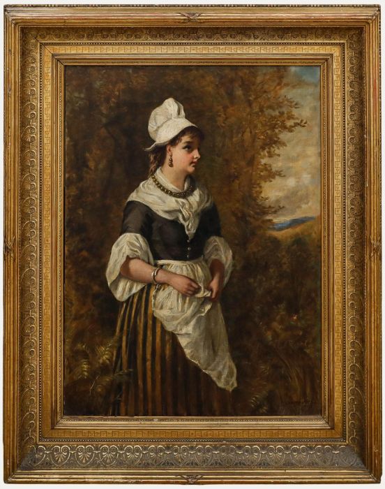 George Wells - Framed 1883 Oil, Brenton Woman in Woodland