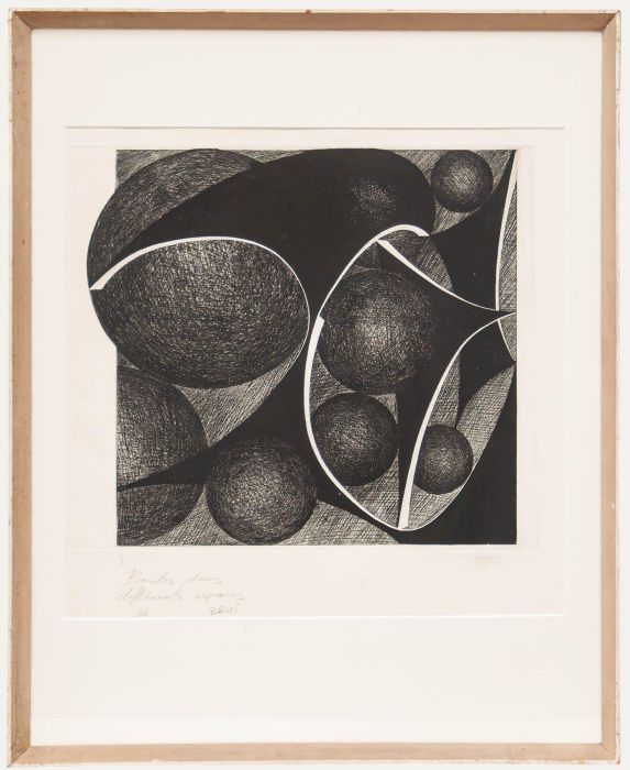 William Brui - Framed 1966 Engraving, Boules dans différents espaces