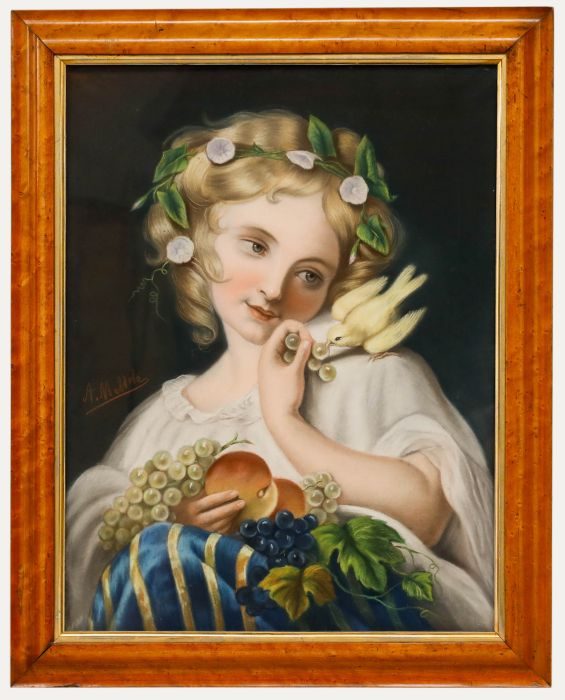 A. Mellola - Late 19th Century Pastel, Young Girl Feeding a Canary