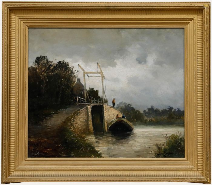 Jan Hillebrand Wijsmuller - Early 20th Century Oil, Barge by a Drawbridge