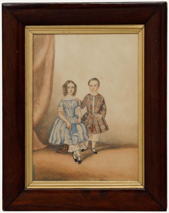 Provincial School Framed Mid 19th Century Watercolour - Portrait of Siblings