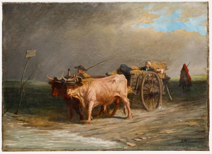 François Étienne Hersent - 19th Century Oil, Wounded Soldiers on an Ox Cart