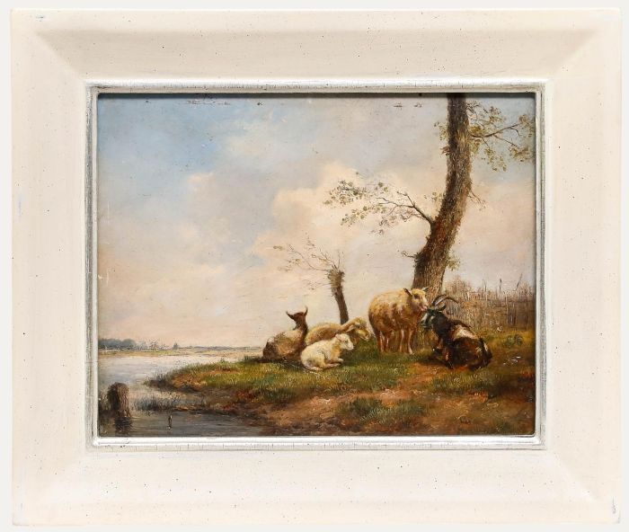Frans van Severdonck - 19th Century Oil, Herd Resting on the Riverbank