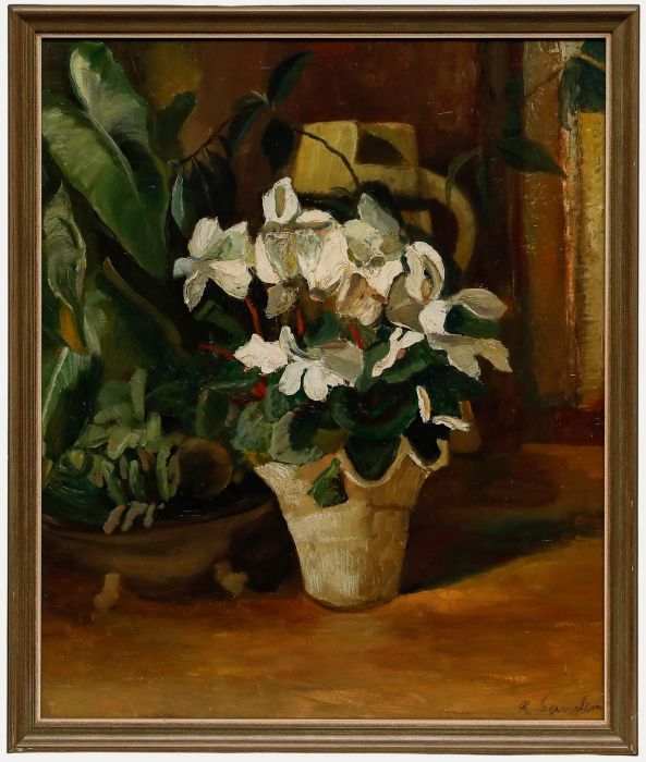 Richard Sander - Framed Mid 20th Century Oil, Still Life with White Cyclamen