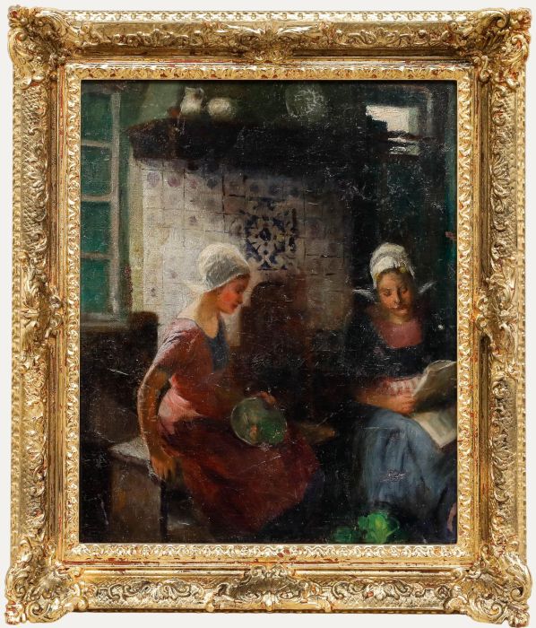 Framed Late 19th Century Oil - Two Dutchwomen in a Kitchen Interior