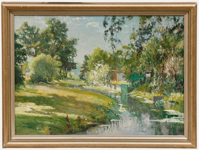 Rudolf Diederich - Framed Mid 20th Century Oil, Quiet Canal Way