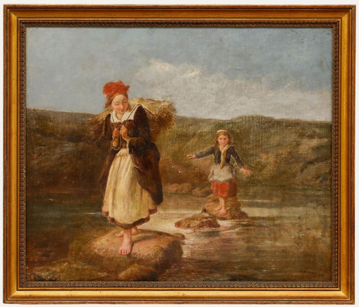Paul Falconer Poole - 1850 Oil, Stepping Stones