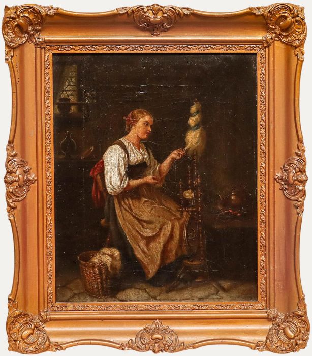 Late 19th Century Oil - Lady at the Spinning Wheel