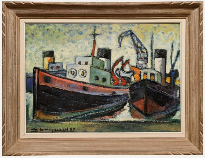 Framed Mid 20th Century Oil - Two Tug Boats