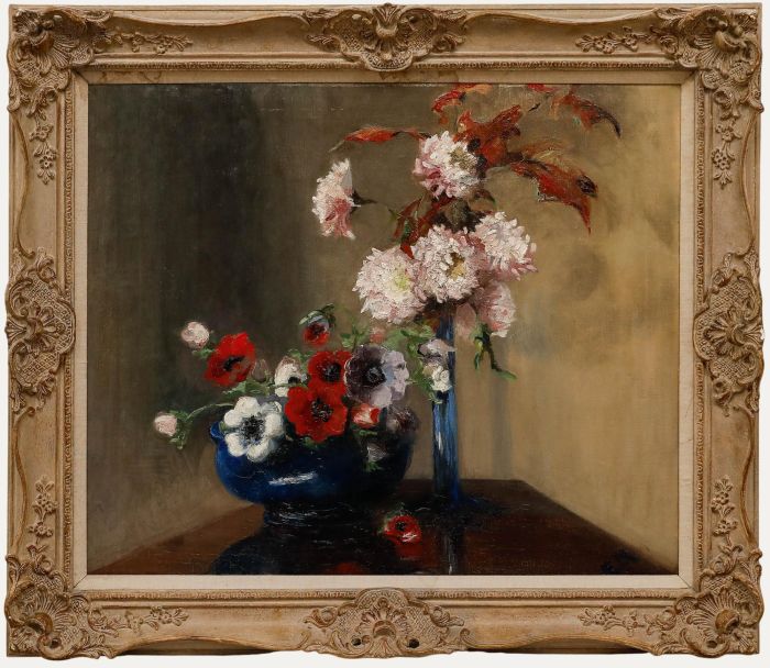 Framed Mid 20th Century Oil - Pink Chrysanthemums & Anemones