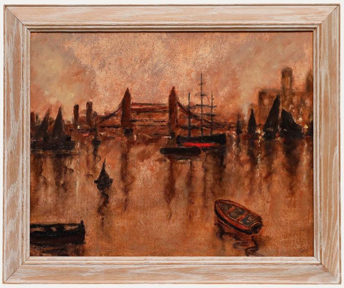 Framed 20th Century Oil - Sundown near Tower Bridge