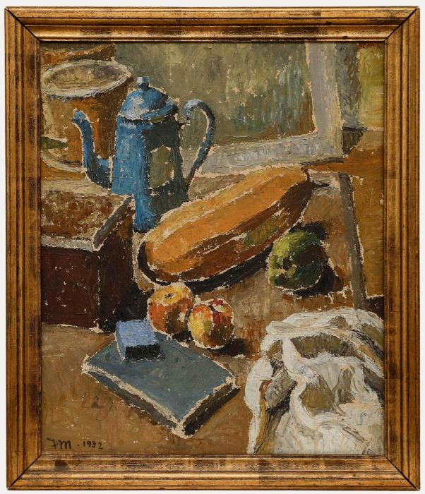 Jakob Madsen - Framed Mid 20th Century Oil, Still Life with Fruit & Coffee Pot