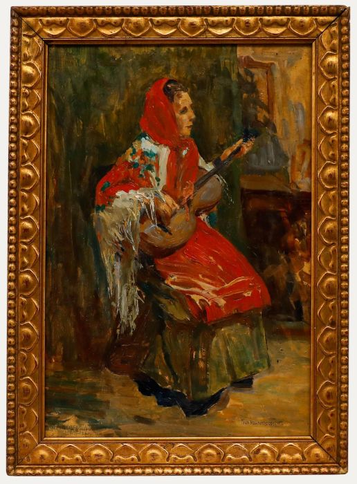 Fina Rawnatova - Framed 1910 Oil, Guitar Player