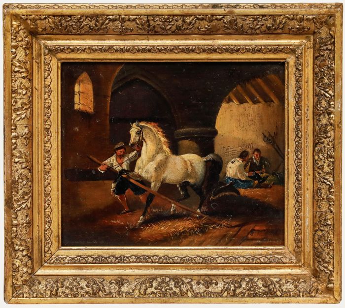 Framed 19th Century Oil - School Stallion with Groom