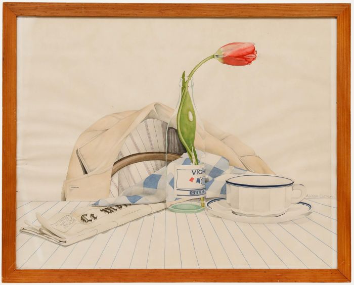 Alison Ewbank - Framed Mid 20th Century Watercolour, Red Tulip in a Vichy Bottle