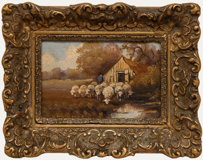 Framed Early 20th Century Oil - Moving the Flock