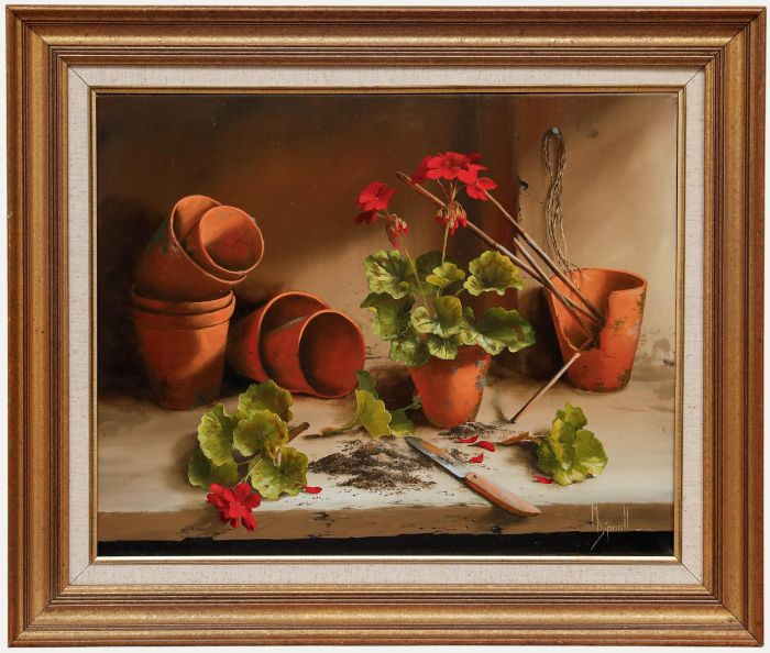 Mary Dipnall - Framed 20th Century Oil, Geranium Cuttings
