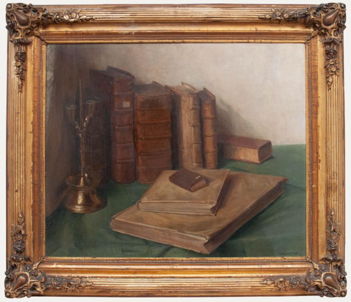 Adri Van Dijk - Early 20th Century Oil, Still Life with Leather-Bound Books