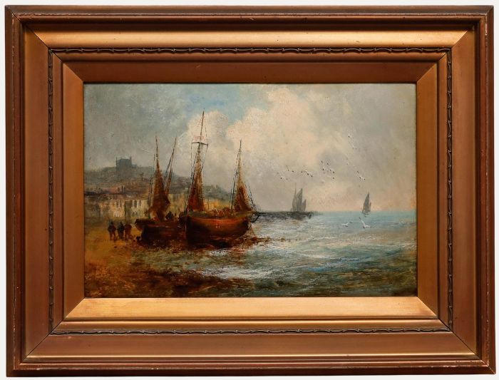 19th Century Oil - Sailboats on the Beach