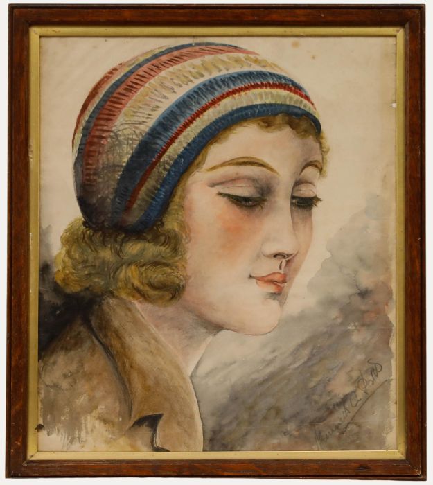 Early 20th Century Watercolour - Girl in a Striped Cap
