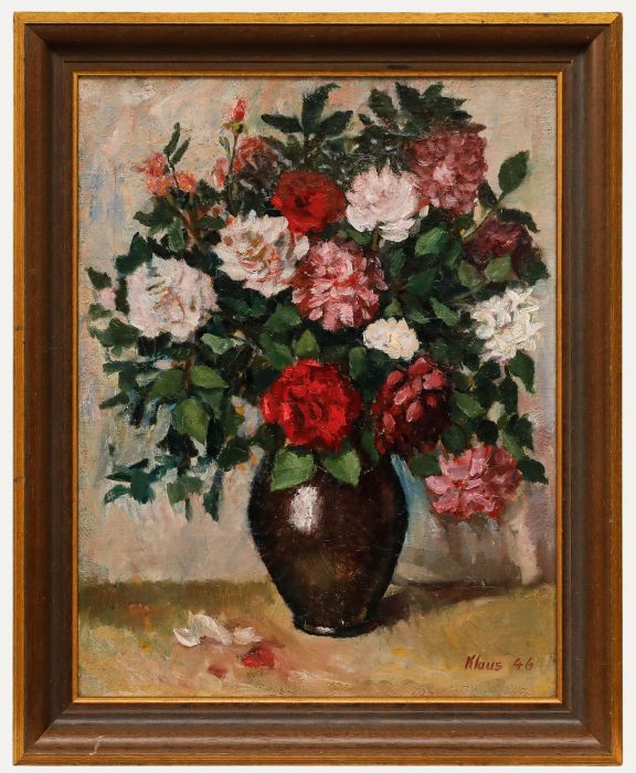 Klaus - Framed Mid 20th Century Oil, Still Life of Roses in a Vase