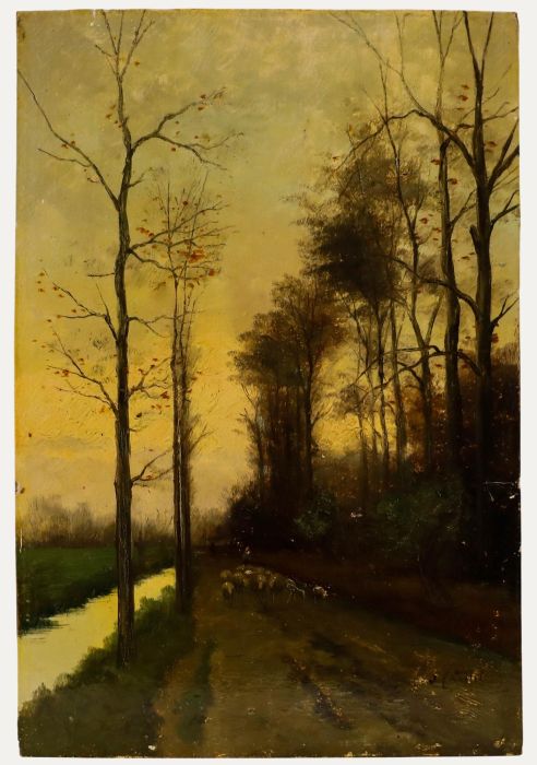 Early 20th Century Oil - Sheep on a Riverside Path
