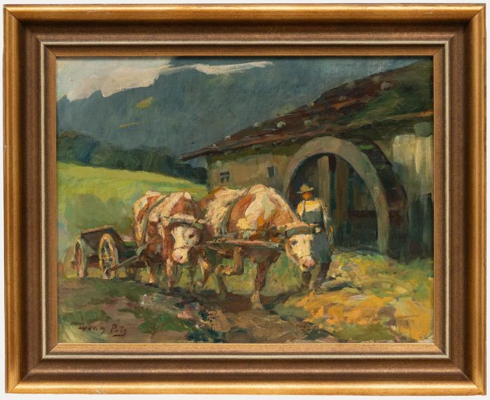 Ludwig Putz - Early 20th Century Oil, Oxen Pulling a Cart