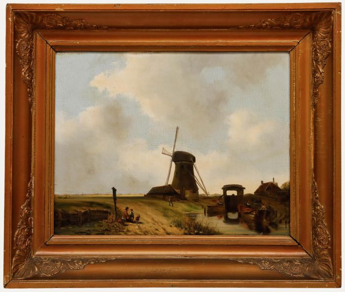 Late 19th Century Oil - Windmill by the Canal