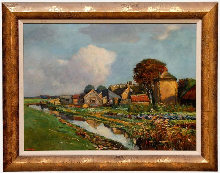 Hendrik Pieter Groen - Framed Early 20th Century Oil, Farm by the Canal
