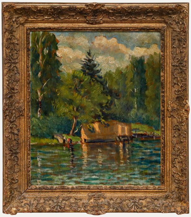 Framed Early 20th Century Oil - Figures by the Boathouse
