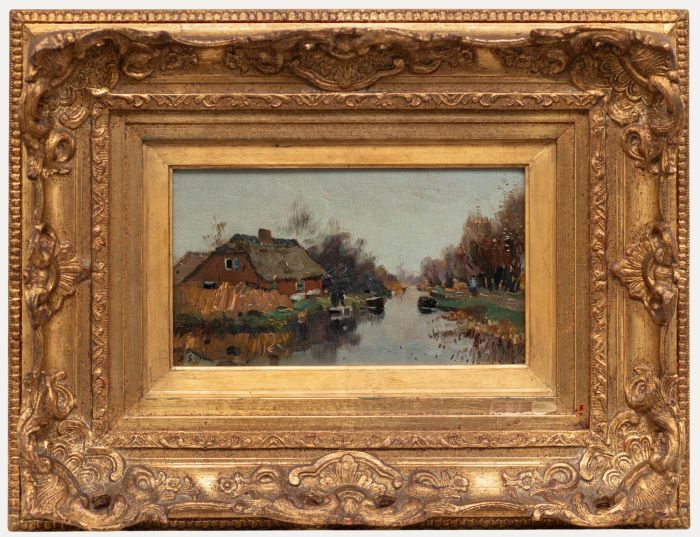 Framed Mid 20th Century Oil - Farmhouse by a Canal
