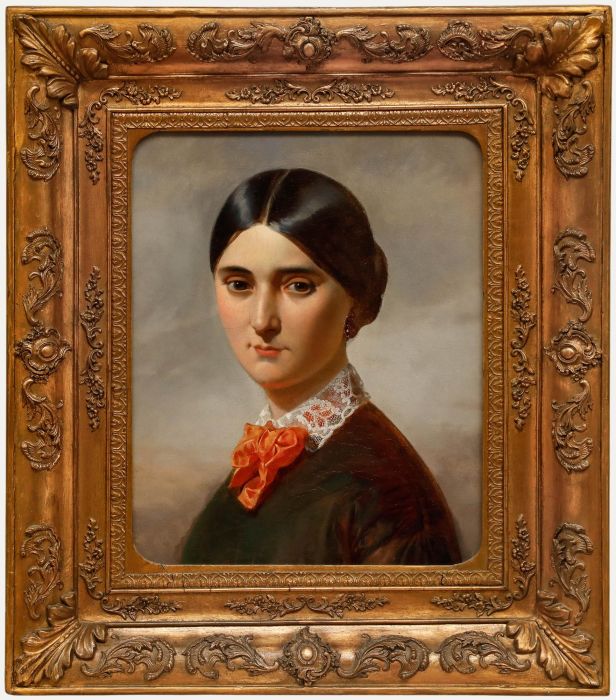 Fine Mid 19th Century Oil - Lady in the Coral Bow