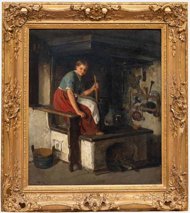 Anton Deibl - 19th Century Oil, Young Girl by the Fireplace