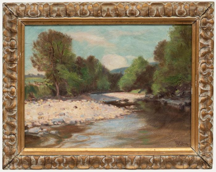 John William Gilroy - Early 20th Century Oil, River under Blue Skies