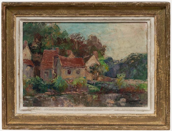 Charles Quimeso - Framed Mid 20th Century Oil, Cottages by the River