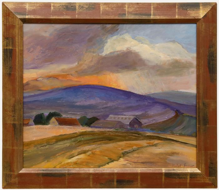 Violet Fuller - Framed 20th Century Oil, Farm Buildings at Sunset