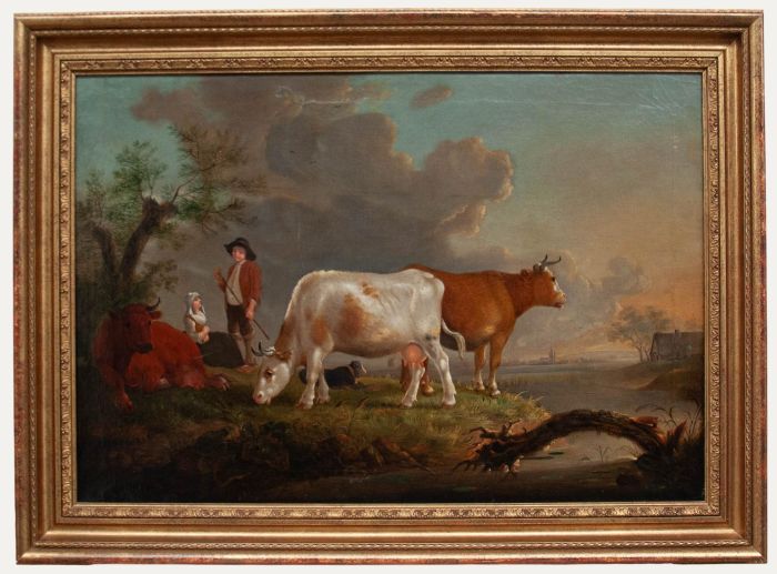 Jean-Baptiste de Roy - Framed 18th Century Oil, Cattle Farmers