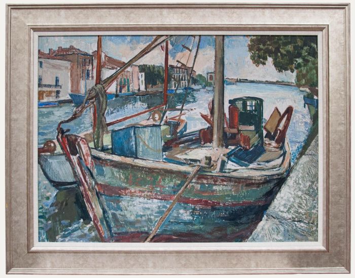 Framed 20th Century Oil - Moored on the Canal