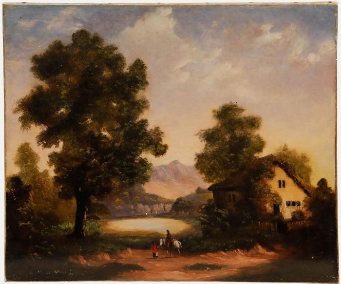 19th Century Oil - Figures by a Cottage