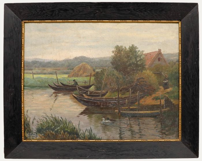 Mid 20th Century Oil - Canoes by a Farmstead