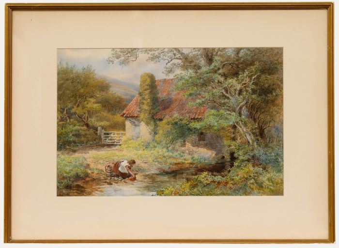 19th Century Watercolour - Collecting Water from the Brook
