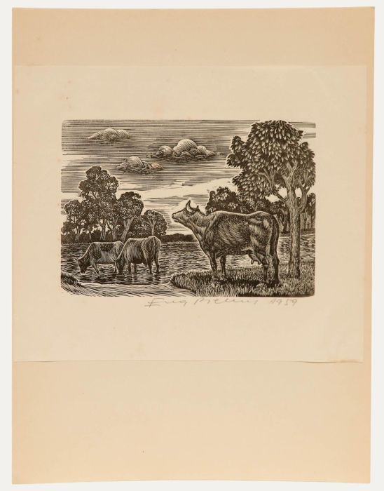 Eugene Pichell - 1959 Wood Engraving, At the Watering Place