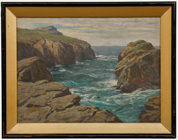 Frederick Golden Short - 1933 Oil, A Cove Near Porth, Newquay