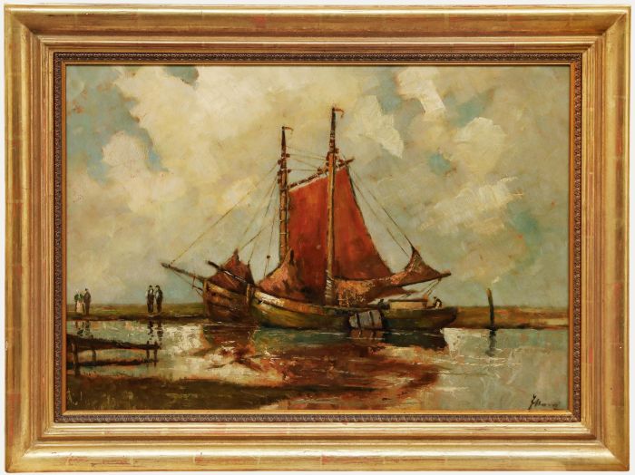 Early 20th Century Oil - Sailing Boats in a Harbour