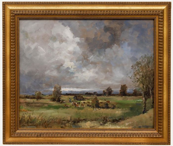 Simon Hohenegger - Framed 20th Century Oil, Farmer Amongst the Herd