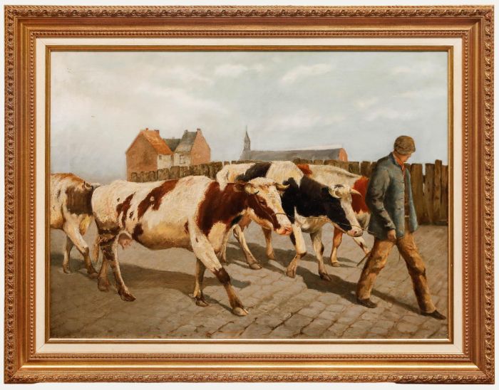 Early 20th Century Oil - Farmer and His Herd